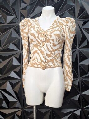 Nine West Cream and Tan Puff-Sleeve Button Cardigan
